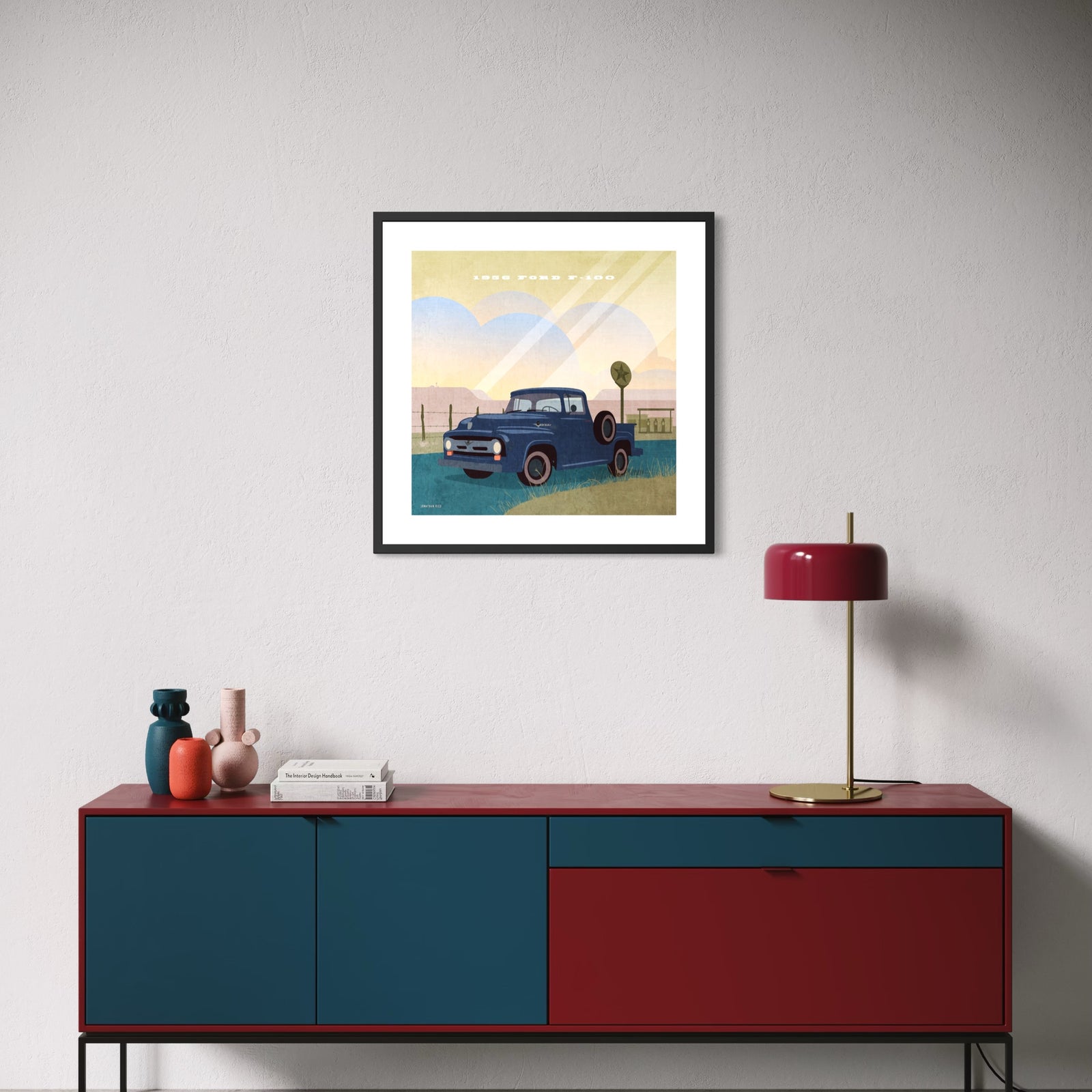Vintage-inspired illustration of a deep burgundy 1956 Ford F-100 pickup truck parked beside a classic Texaco service station, featuring sweeping mid-century styling, whitewall tires, expansive Texas skies, distant mesas, roadside fencing, and a warm retro color palette with subtle distressed texture reminiscent of a vintage travel poster.