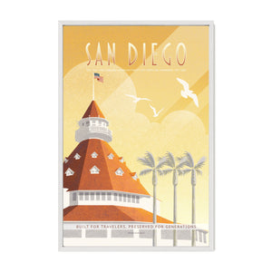 San Diego Hotel del Coronado vintage travel poster in white wood frame inspired by classic California travel posters