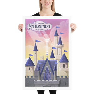 Product mockup of an Illustrated poster of a whimsical stone castle with tall blue-roofed towers, glowing sunset sky, and a fairy hovering above. Text reads “Experience Enchantment – Fly Into Fantasy.