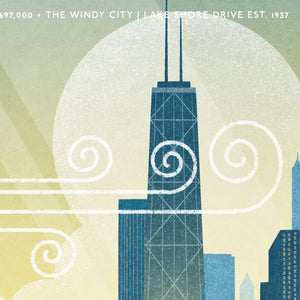 Close-up detail of Chicago Shoreline Drive poster featuring John Hancock Center and stylized wind illustration