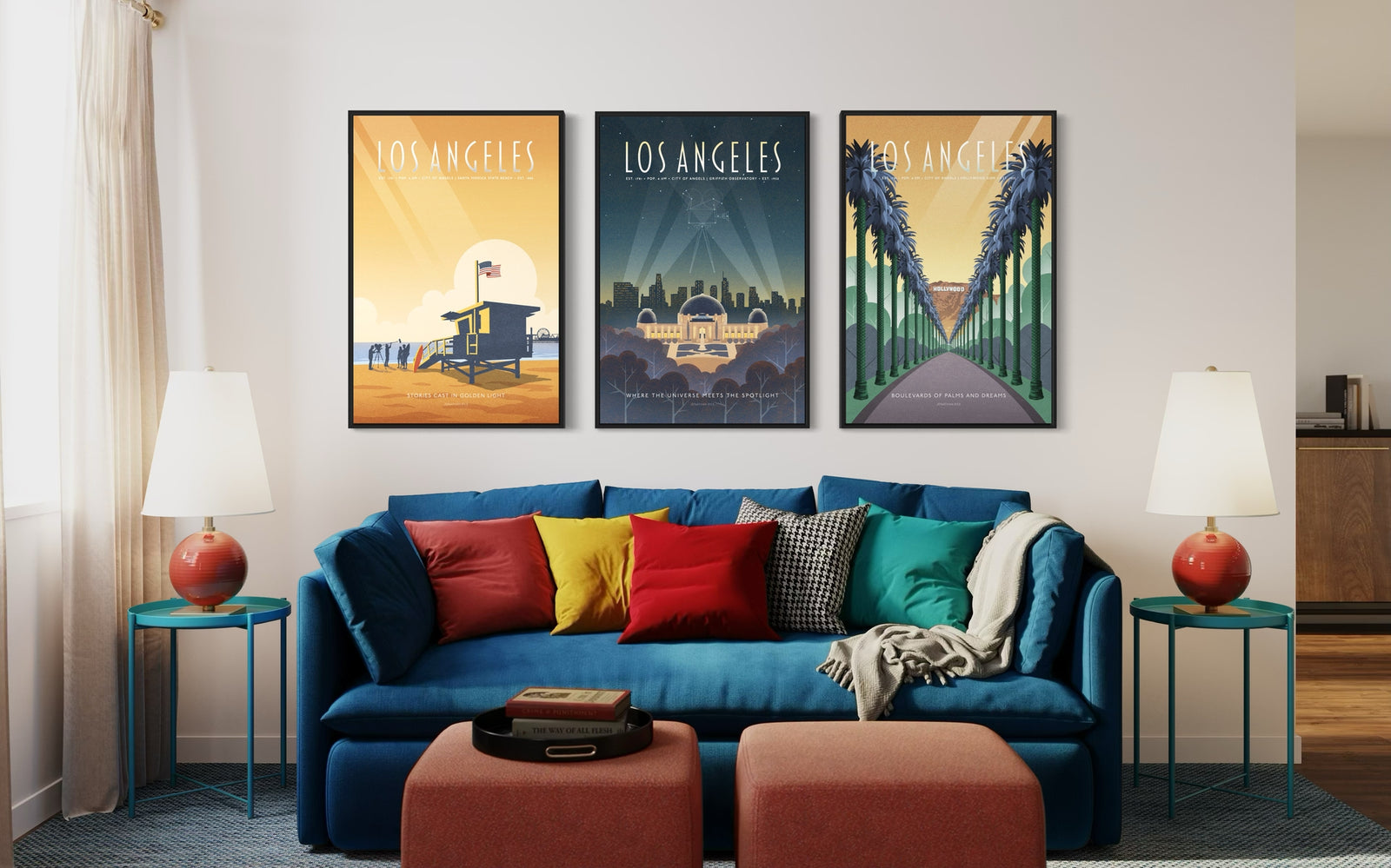 Los Angeles gallery set of three framed travel posters in black wood frames featuring Hollywood palms, Griffith Observatory, and Santa Monica State Beach