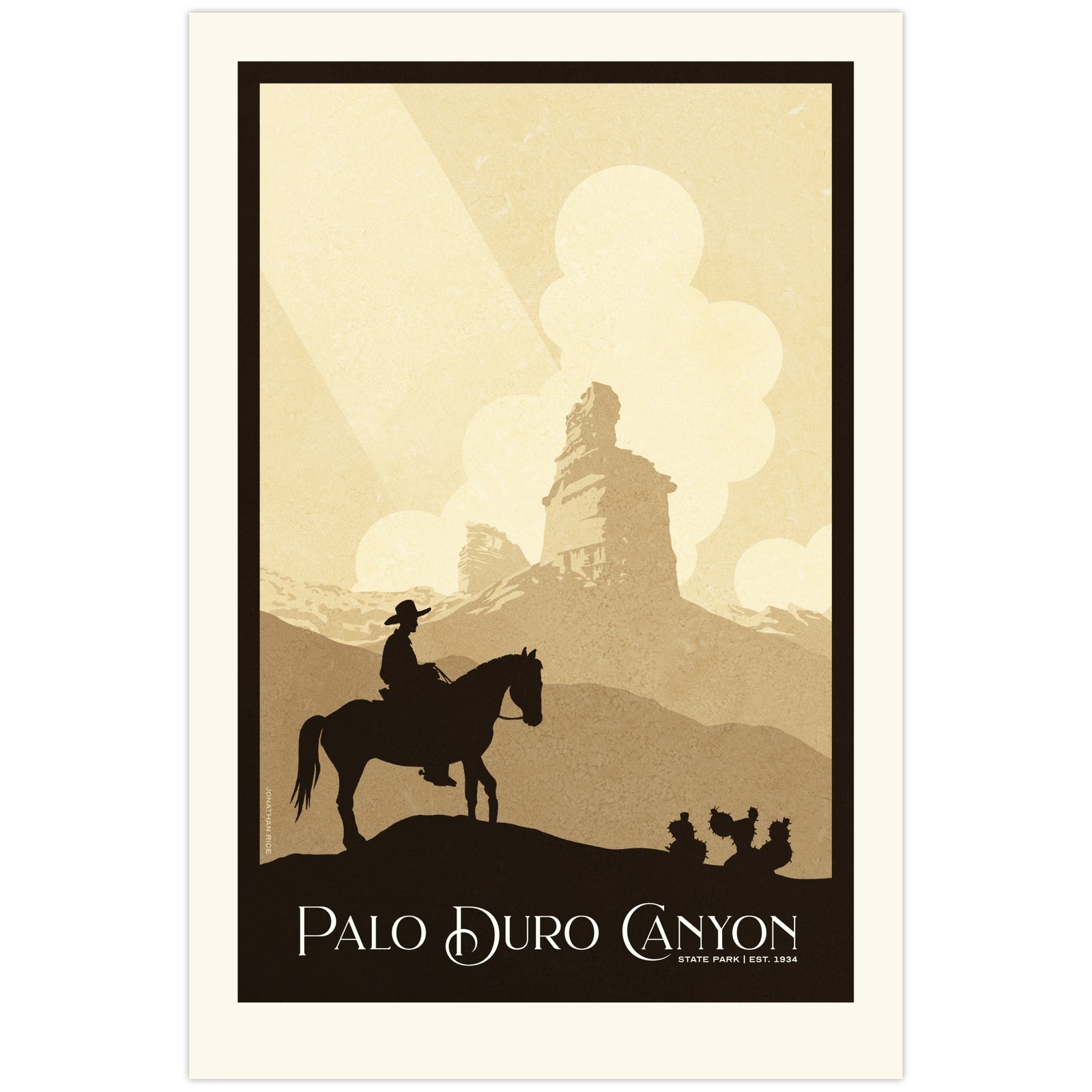 Vintage-inspired poster of a lone cowboy on horseback riding through Palo Duro Canyon with the iconic Lighthouse rock formation rising in the distance beneath dramatic sunbeams, rendered in warm sepia tones with bold silhouettes and Art Deco styling.