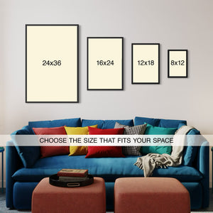 White Rhinoceros poster frame size options displayed above a couch