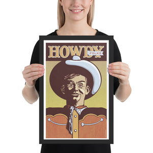 Product mockup of Illustrated poster print of a smiling cowboy in a large hat with the words “Howdy Folks” above, designed in a retro vintage style with warm textured tones.