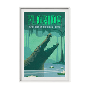 Florida alligator poster in a white frame featuring vintage-inspired Florida swamp artwork
