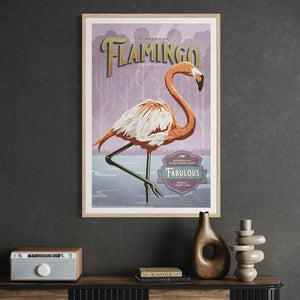 American Flamingo wildlife print in an oak frame displayed in an office