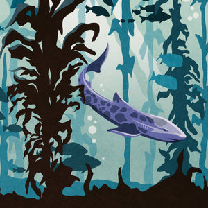 Detail of Monterey Bay poster showing shark, fish and layered kelp forest illustration