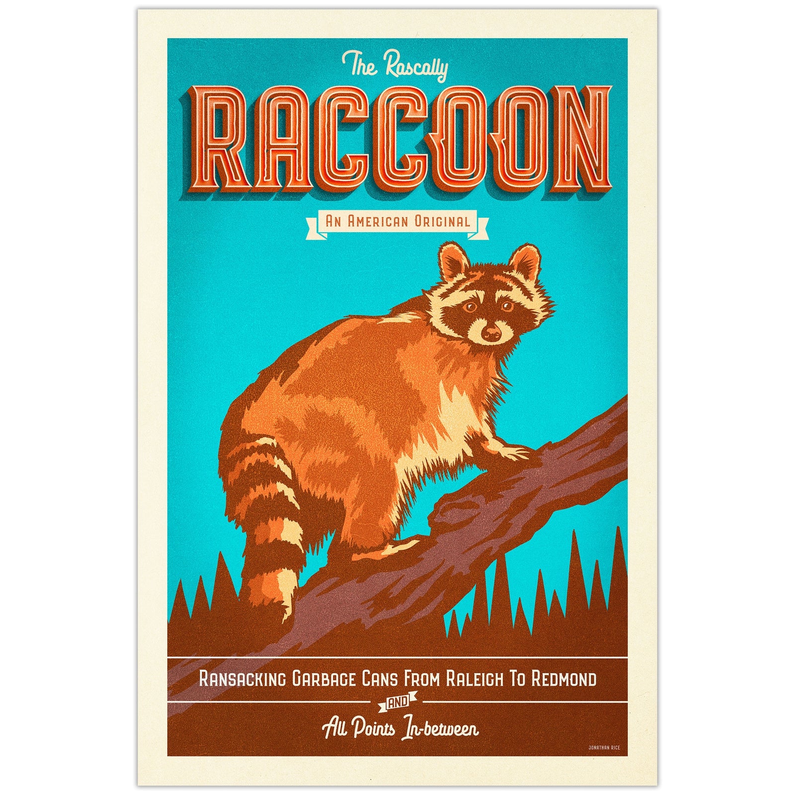 The Rascally Raccoon vintage wildlife poster featuring a raccoon perched on a tree branch against a bright turquoise background