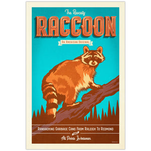 The Rascally Raccoon vintage wildlife poster featuring a raccoon perched on a tree branch against a bright turquoise background
