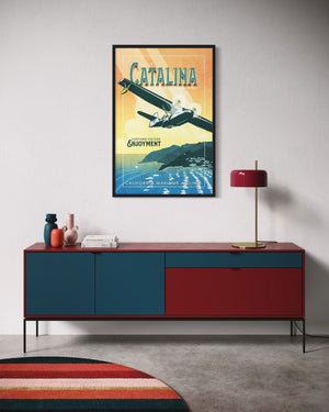 Catalina airplane poster black frame living room wall mockup