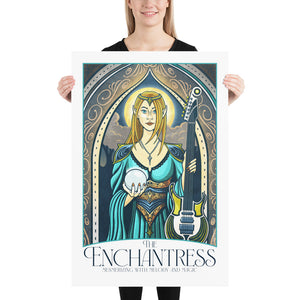 Product mockup of Giclée art print of an Elven Enchantress under an ornate arch, holding a crystal ball and electric guitar. With rich colors, magical hues, and intricate typography, it includes the title “The Enchantress” and tagline “Mesmerizing with Melody and Magic.”