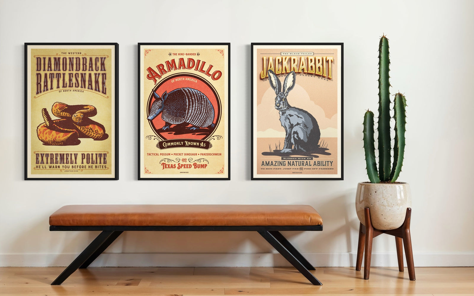 Three framed vintage animal posters displayed above a bench with cactus decor in a modern Southwestern interior