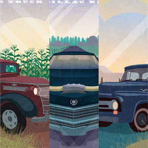 Detail view of three vintage vehicle prints featuring a 1938 Chevy Stakebed Truck, Cadillac Eldorado with longhorns and 1956 Ford F-100