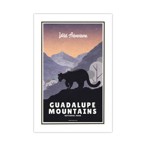 Unframed Guadalupe Mountains National Park poster printed on fine art paper featuring a mountain lion overlooking the Texas mountains at sunset.