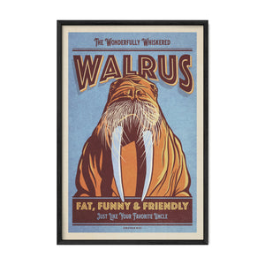 Walrus wildlife art print in a black frame featuring bold retro typography, expressive illustration, and vintage texture.

