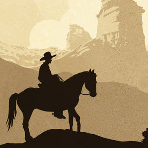Close-up detail of the Palo Duro Canyon cowboy poster highlighting the silhouetted horseback rider, layered canyon landscape, textured artwork, and the iconic Lighthouse formation.