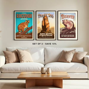 Raccoon, prairie dog and beaver wildlife art prints framed as a gallery set of three above a living room couch