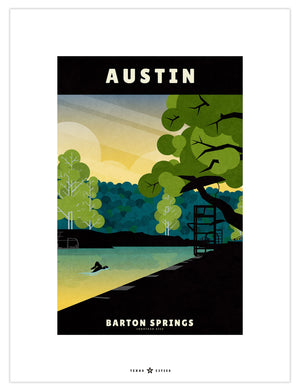 Austin, Texas Barton Springs vintage travel poster in retro illustration style