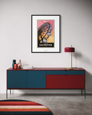 Galveston, Texas — Pleasure Pier poster black frame living room wall mockup