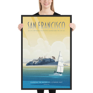 Product mockup of San Francisco Alcatraz travel poster print featuring a sailboat on the bay, illustrated in a retro vintage style with warm golden skies and blue coastal waters.