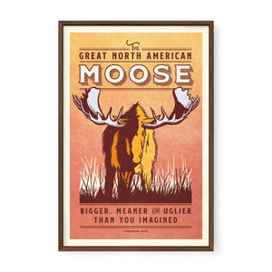 Walnut framed North American moose poster featuring bold vintage wildlife artwork, ideal for cabins, offices, lodges, and outdoor-inspired interiors.