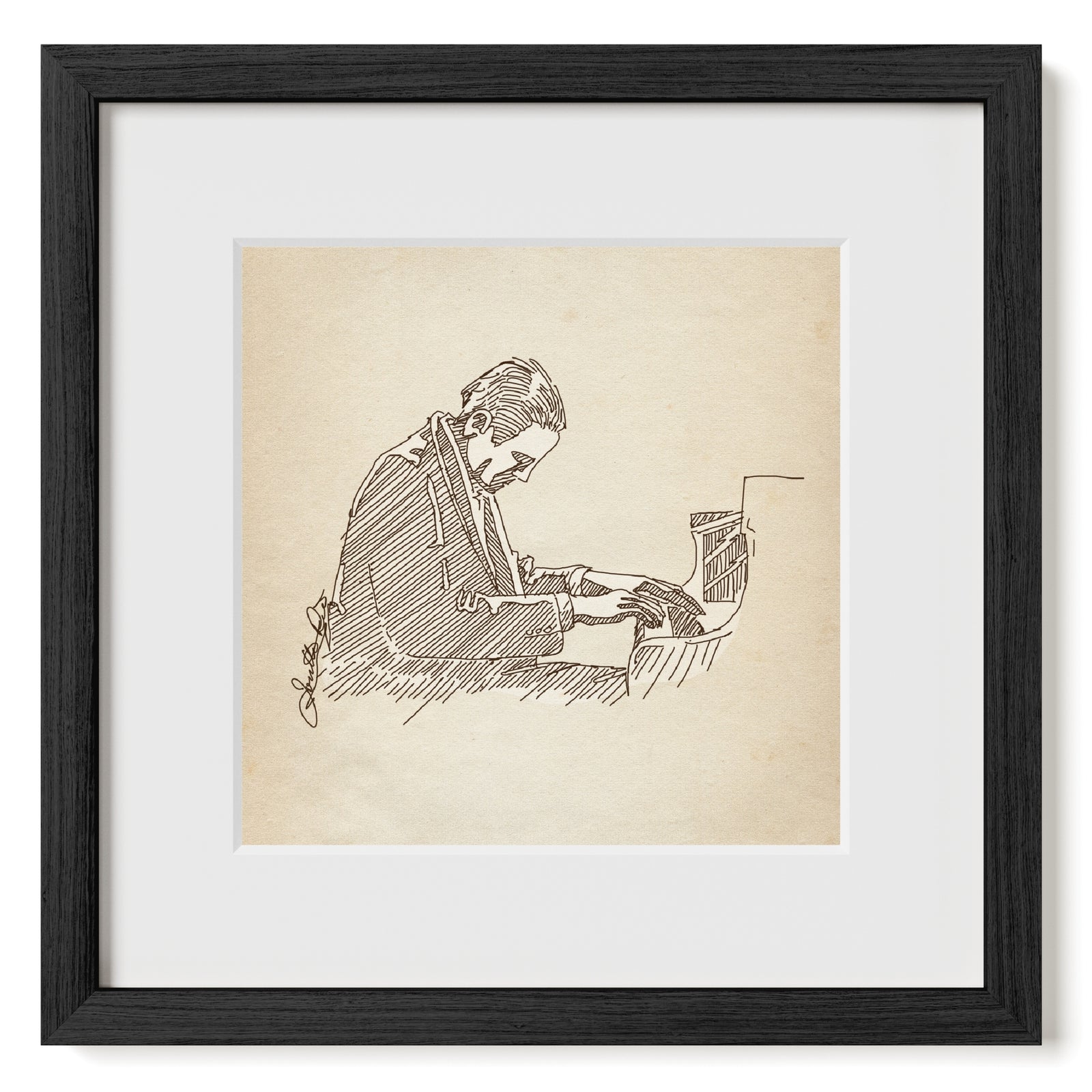 Original digital pen-and-ink sketch by Jonathan Rice depicting a seated male pianist leaning forward as he plays a grand piano. Matted and framed.
