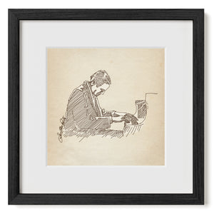 Original digital pen-and-ink sketch by Jonathan Rice depicting a seated male pianist leaning forward as he plays a grand piano. Matted and framed.
