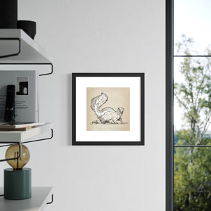 Framed Skunk sketch between shelves and window