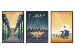 1. Los Angeles gallery set of three framed travel posters in black wood frames featuring Hollywood palms, Griffith Observatory, and Santa Monica State Beach