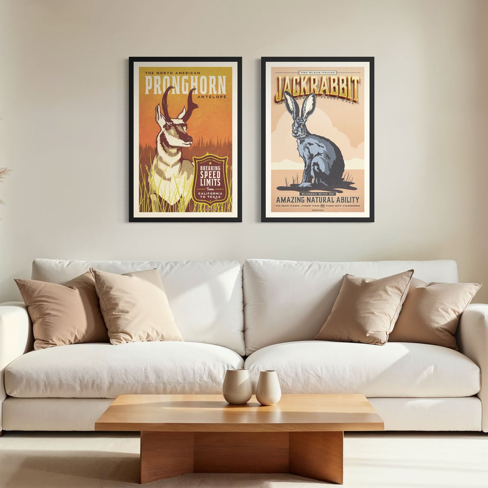 Pronghorn and Jackrabbit poster set displayed together in modern above white sofa