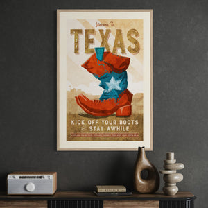 Welcome to Texas Western art print framed and displayed in a contemporary office.