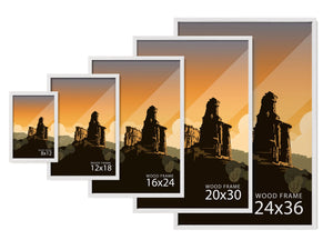 Five white wood framed art prints shown together, displaying available sizes from 8x12 to 24x36 inches