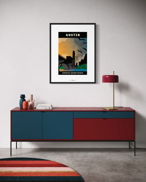 Austin, Texas — Congress Avenue Bridge Bats poster black frame wall mockup in living room