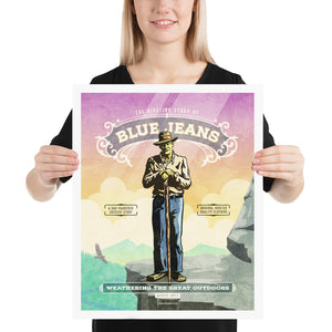 Product mockup of Vintage-style advertisement poster for Blue Jeans. The epic landscape in the background makes the dapper hiker look world-class. The earthy colors and elegant type treatment make it eye-catching and stylish. The headline says, “The Riveting Story of Blue Jeans.”