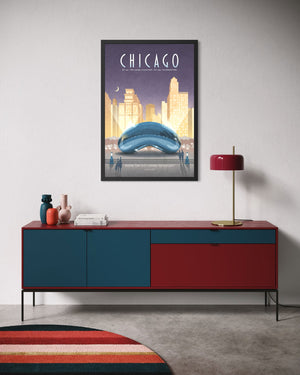 Framed Chicago Cloud Gate poster in modern interior setting, city skyline reflection artwork