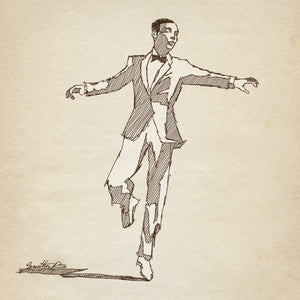 Original digital pen-and-ink sketch by Jonathan Rice depicting a tuxedoed male dancer with arms outstretched in mid-step.