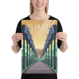 Product mockup of Illustrated Los Angeles travel poster showing Griffith Observatory at night with city skyline and a constellation forming a vintage movie camera in the sky. Retro Art Deco design with spotlights and starry sky.
