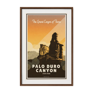 Palo Duro Canyon State Park poster in a rich walnut frame that enhances the warm sunset colors and timeless travel poster design.