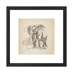 Framed wall art featuring a sepia-toned sketch of an elephant on a beige background, set within a white mat and a black frame.