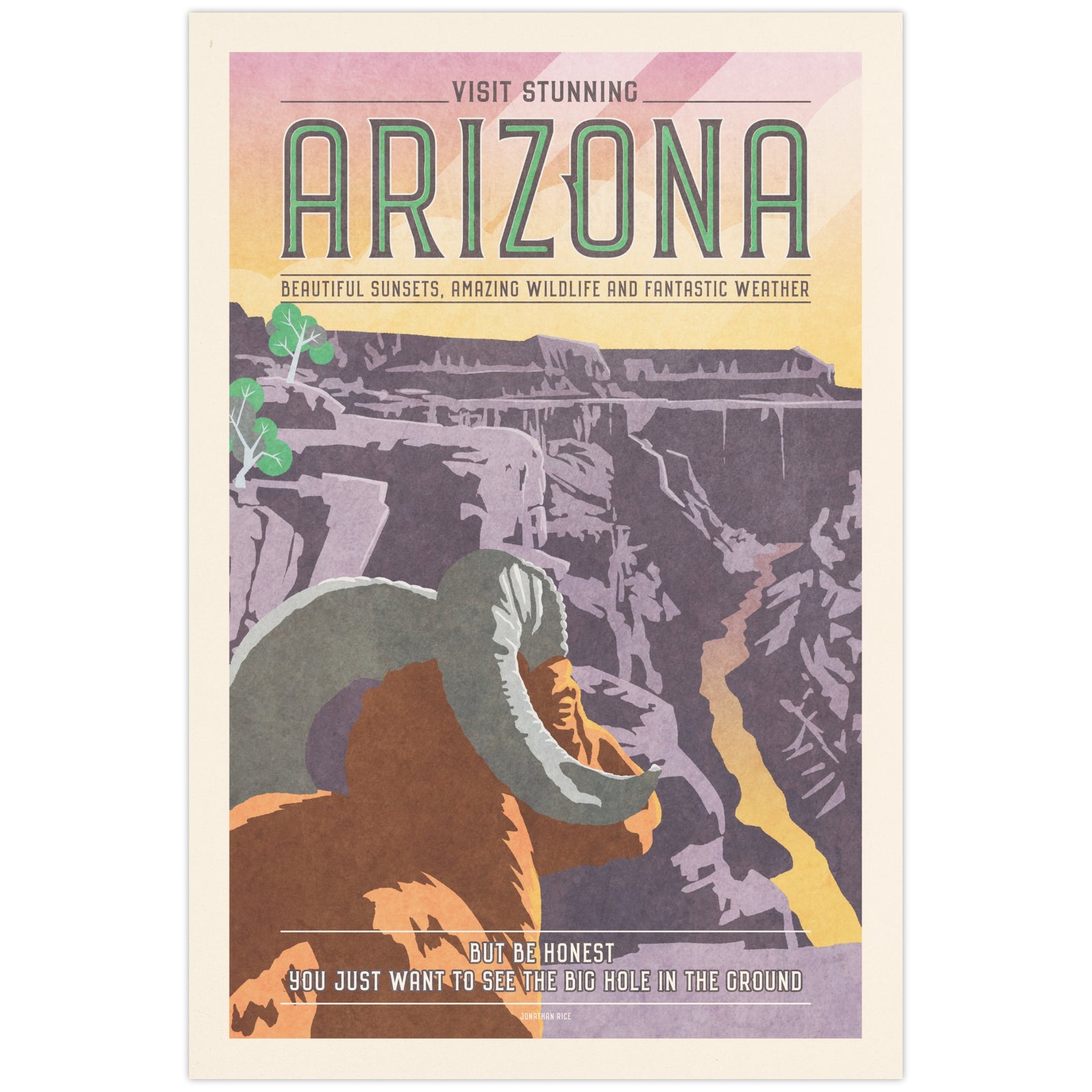 Vintage Grand Canyon travel poster featuring a desert bighorn sheep overlooking the Arizona canyon, colorful sunset sky, textured retro illustration, and humorous typography.