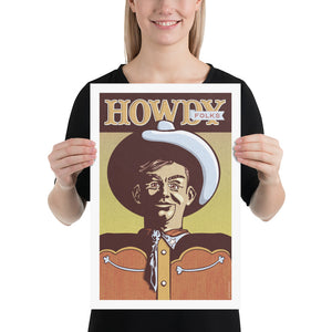 Product mockup of Illustrated poster print of a smiling cowboy in a large hat with the words “Howdy Folks” above, designed in a retro vintage style with warm textured tones.