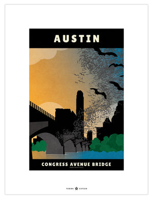 Austin, Texas Congress Avenue Bridge Bats vintage travel poster in retro illustration style