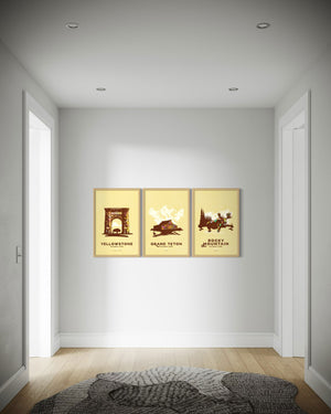 Yellowstone Grand Teton Rocky Mountain national park poster set by Jonathan Rice oak frame room mockup