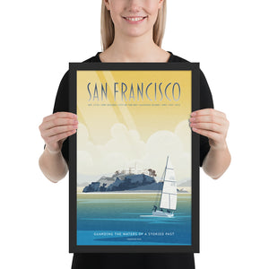 Product mockup of San Francisco Alcatraz travel poster print featuring a sailboat on the bay, illustrated in a retro vintage style with warm golden skies and blue coastal waters.