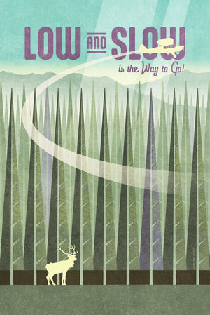 Piper Cub airplane flying low over forest with elk in vintage aviation poster style low and slow theme