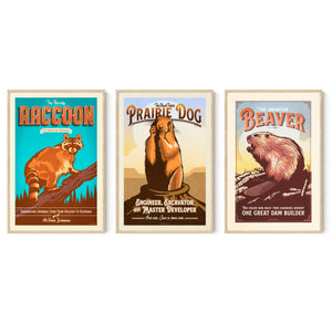 Raccoon, prairie dog and beaver wildlife gallery set in Natural Oak frames