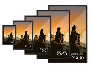 Five black wood framed art prints shown together, displaying available sizes from 8x12 to 24x36 inches