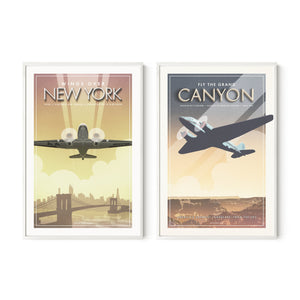 DC-3 New York City and Grand Canyon aviation wall art set in white frames