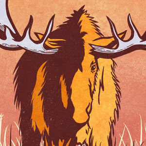 Close-up of the illustrated bull moose, oversized antlers, textured vintage artwork, and hand-lettered typography from the Creatures of Character series.