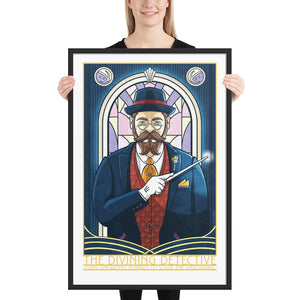 Product mockup of This giclée art print features a 1930s private detective in a three-piece suit, holding a magic wand against an Art Deco-style stained glass window. With magical, storybook colors, rich textures, and ornate typography, it includes the headings “The Divining Detective” and “Using unearthly power to solve the unsolvable.”